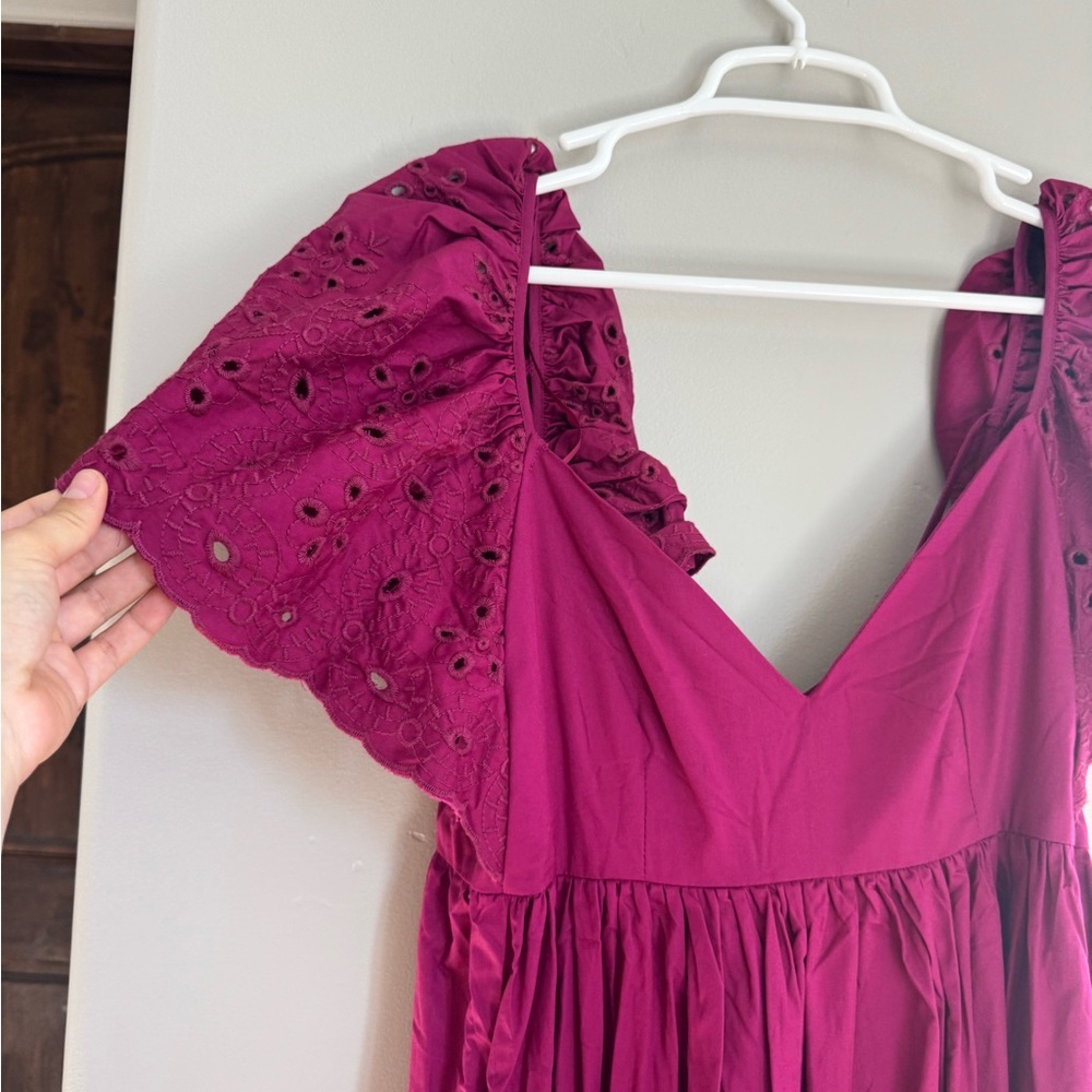 En Saison Eyelet Puff Sleeve Midi Dress M Magenta Cottagecore Romantic - Picture 4 of 10